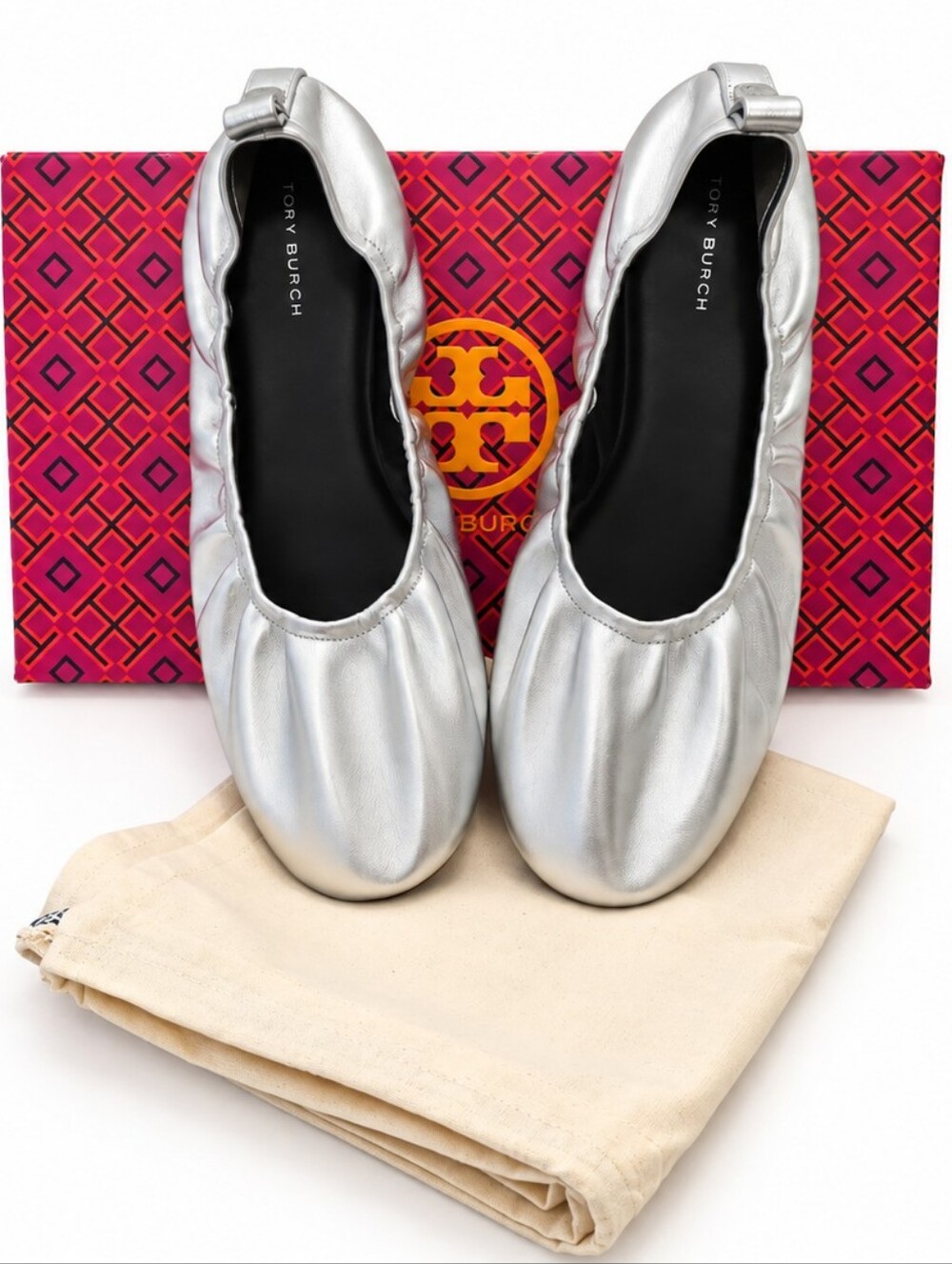 Tory Burch Eddie 2.0 Metallic Silver Leather Ballet Flats, Size 8.5